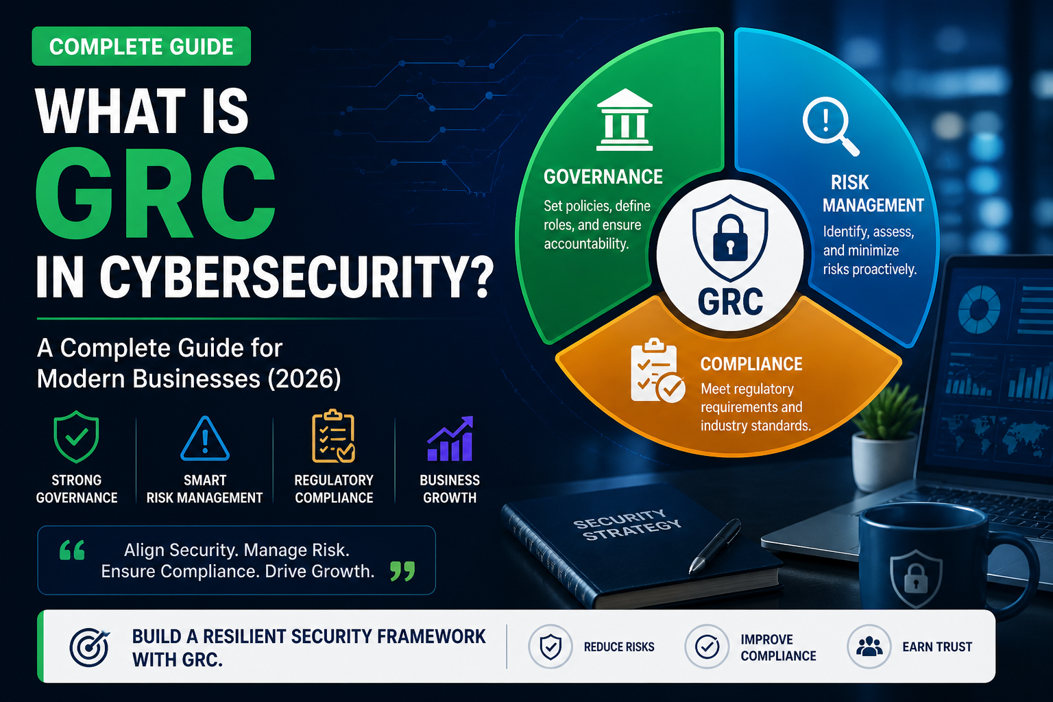 Informational infographic illustrating GRC in cybersecurity, with a circular diagram showing Governance, Risk Management, and Compliance around a central GRC shield on a dark tech background.