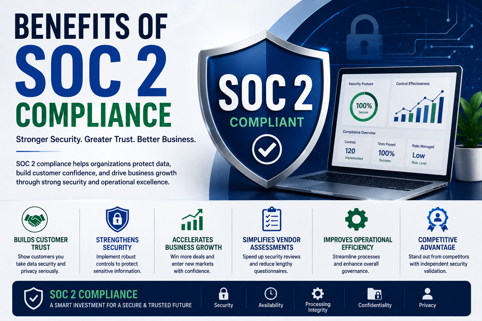 SOC 2 compliance infographic with a blue shield, laptop dashboard, and six benefit panels about security and trust.