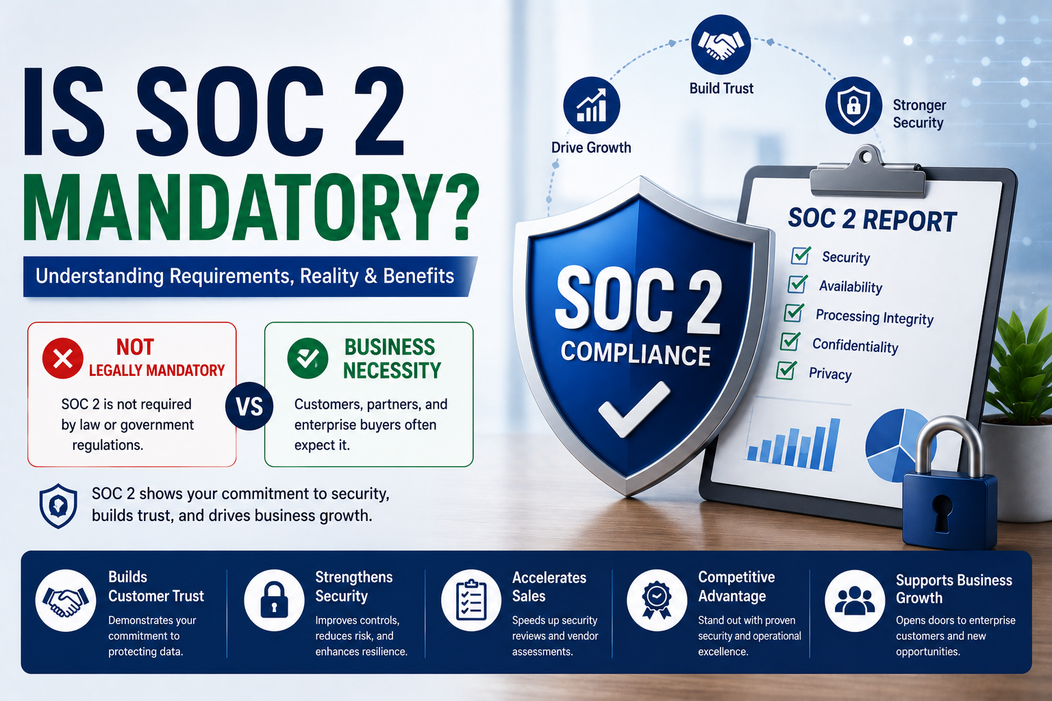 Infographic about SOC 2 compliance featuring a shield labeled 'SOC 2' and a checklist on a clipboard.