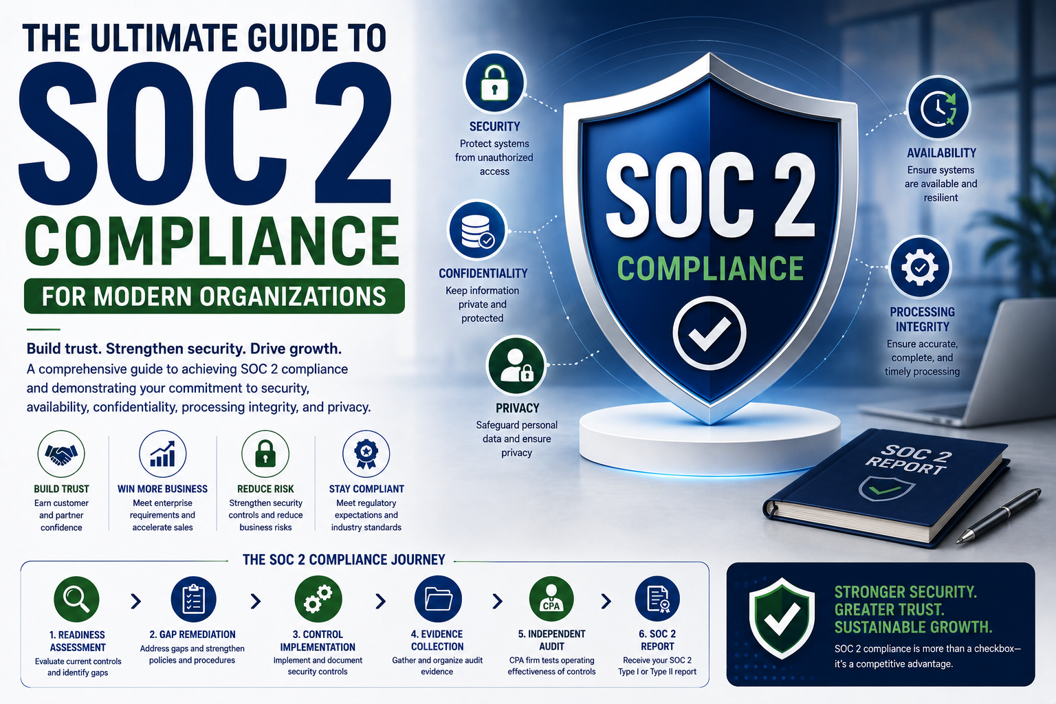 Infographic about SOC 2 compliance for modern organizations, featuring a large SOC 2 shield and icons for security, confidentiality, privacy, availability, processing integrity, and a 6-step journey.