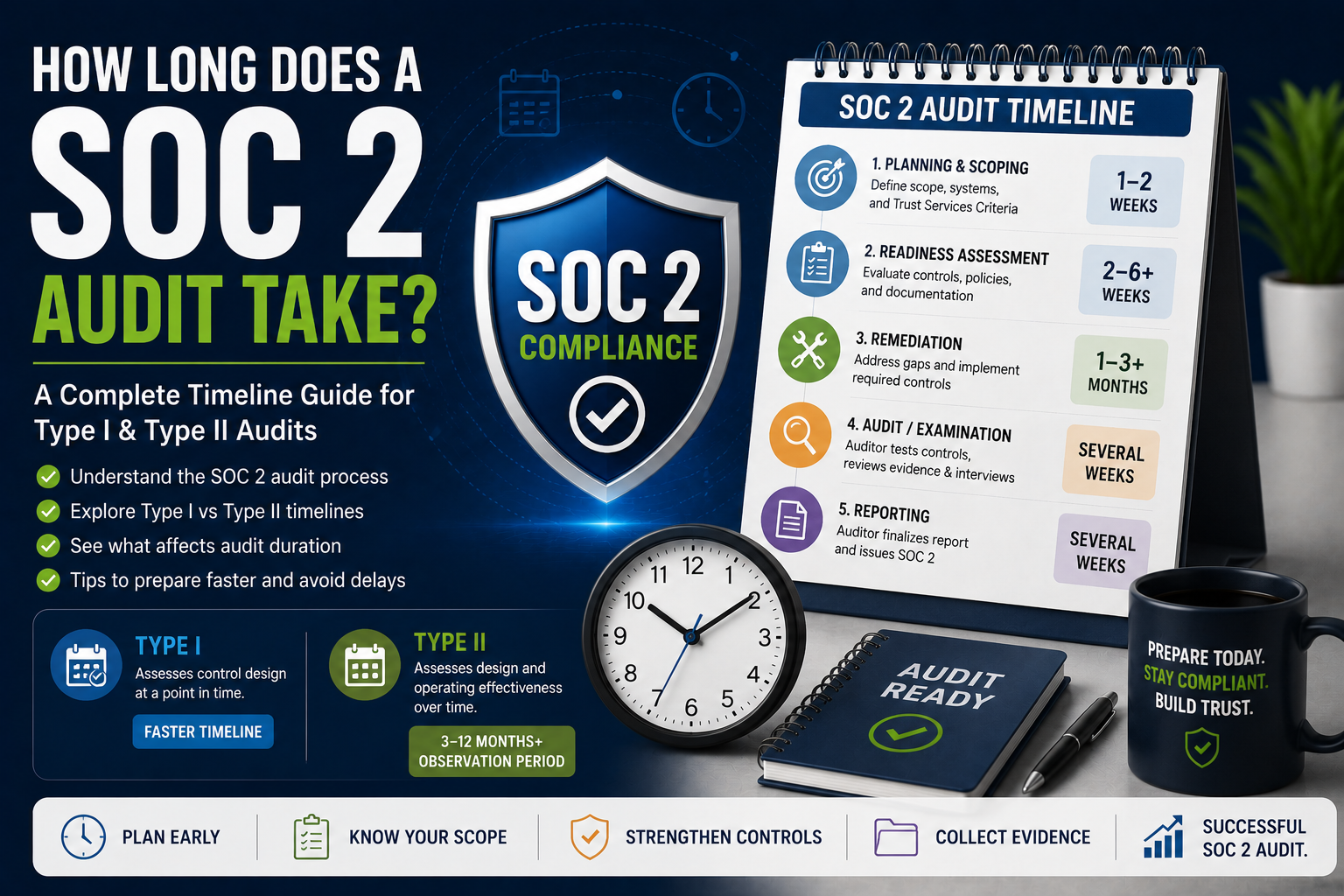 How Long Does a SOC 2 Audit Take? - soc2.in SOC 2 compliance infographic outlining the audit timeline with planning, readiness, remediation, audit, and reporting steps.