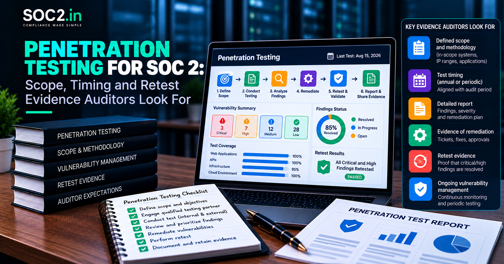 Penetration Testing for SOC 2 - soc2.in Desk setup for penetration testing with a laptop displaying a testing dashboard, a checklist notebook, and a stack of related books on the table.