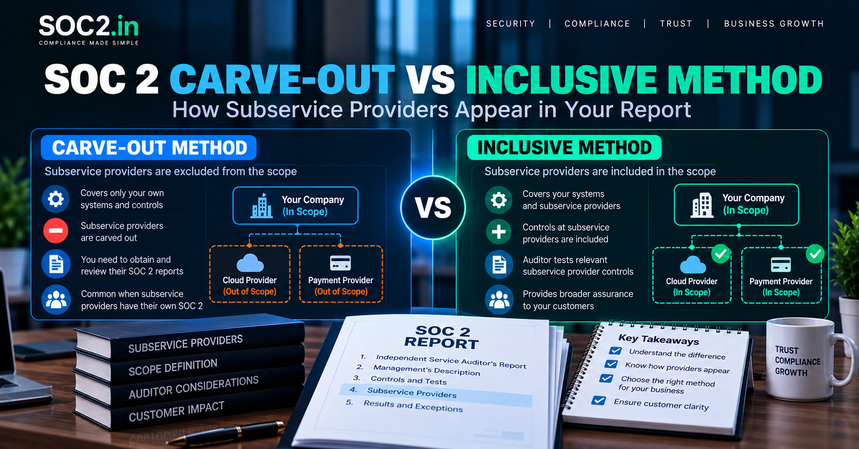 SOC 2 infographic comparing Carve-Out Method vs Inclusive Method with a central VS circle and side panels detailing in-scope vs out-of-scope items.