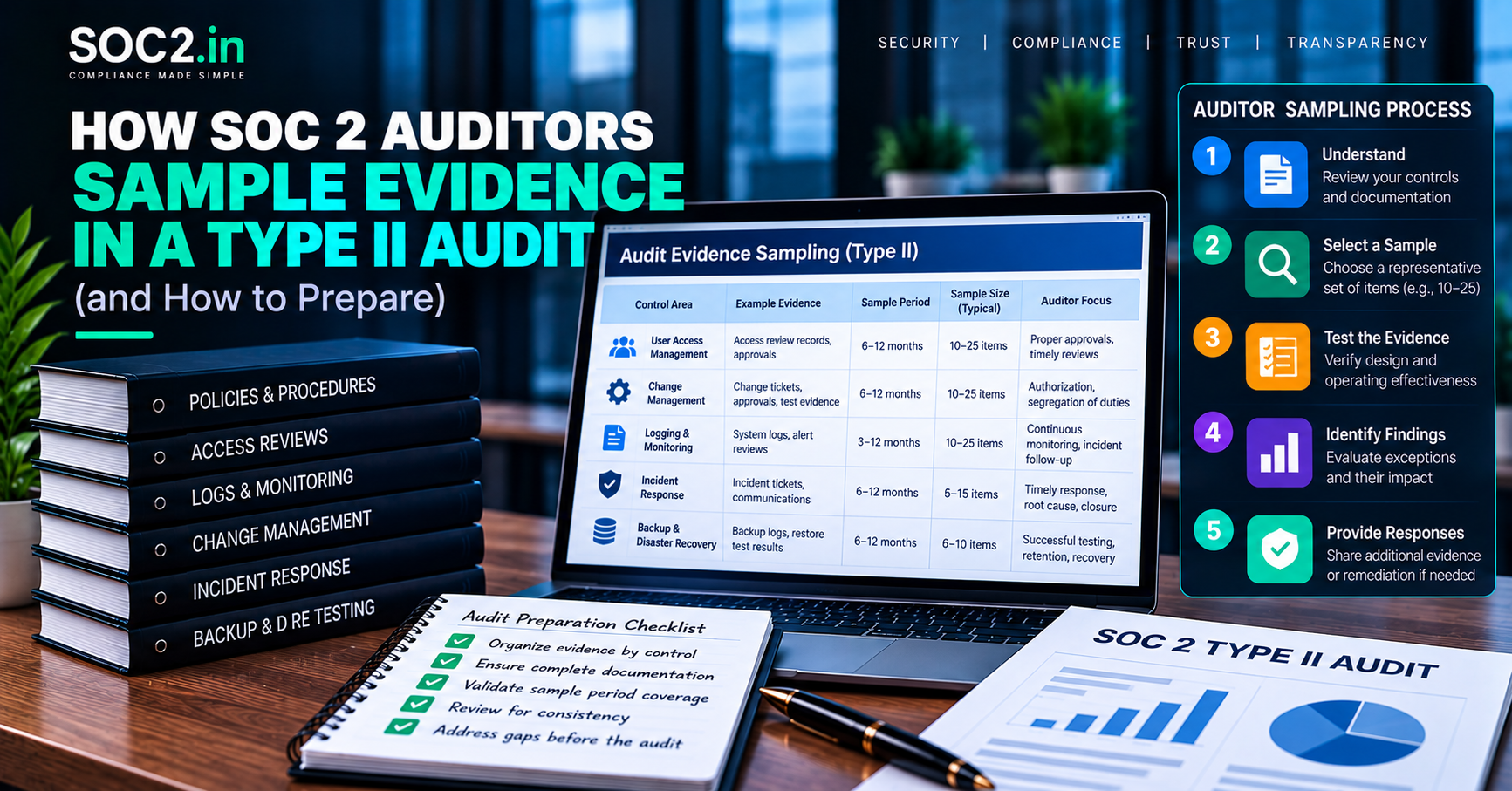 SOC 2 Evidence Sampling Guide - soc2.in Stack of black binders on a desk labeled Policies & Procedures to Incident Response beside a laptop showing Audit Evidence Sampling (Type II).