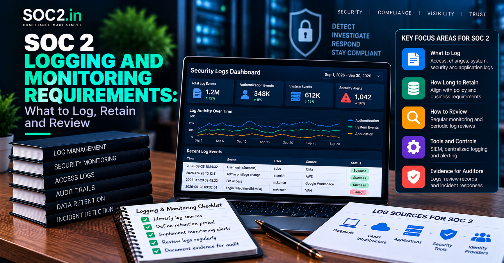 SOC 2 Logging and Monitoring Guide - soc2.in SOC 2 logging and monitoring requirements: what to log, retain and review, with a laptop security dashboard and stacks of policy books on a desk.