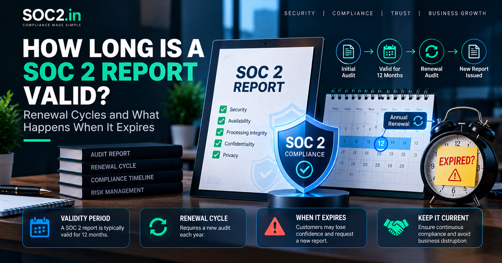 Promotional graphic about SOC 2 report validity, showing a laptop screen that says 'SOC 2 REPORT', a stack of audit books, a calendar, an alarm clock with 'EXPIRED' sign, and a shield labeled SOC 2.