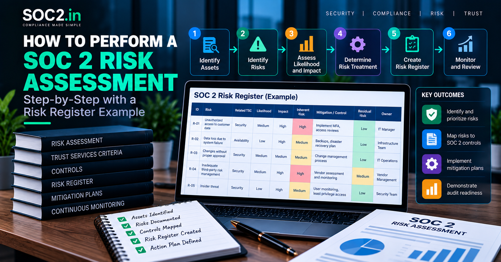 Infographic banner showing steps to perform a SOC 2 risk assessment, with a laptop displaying a risk register and stacked manuals on a desk.