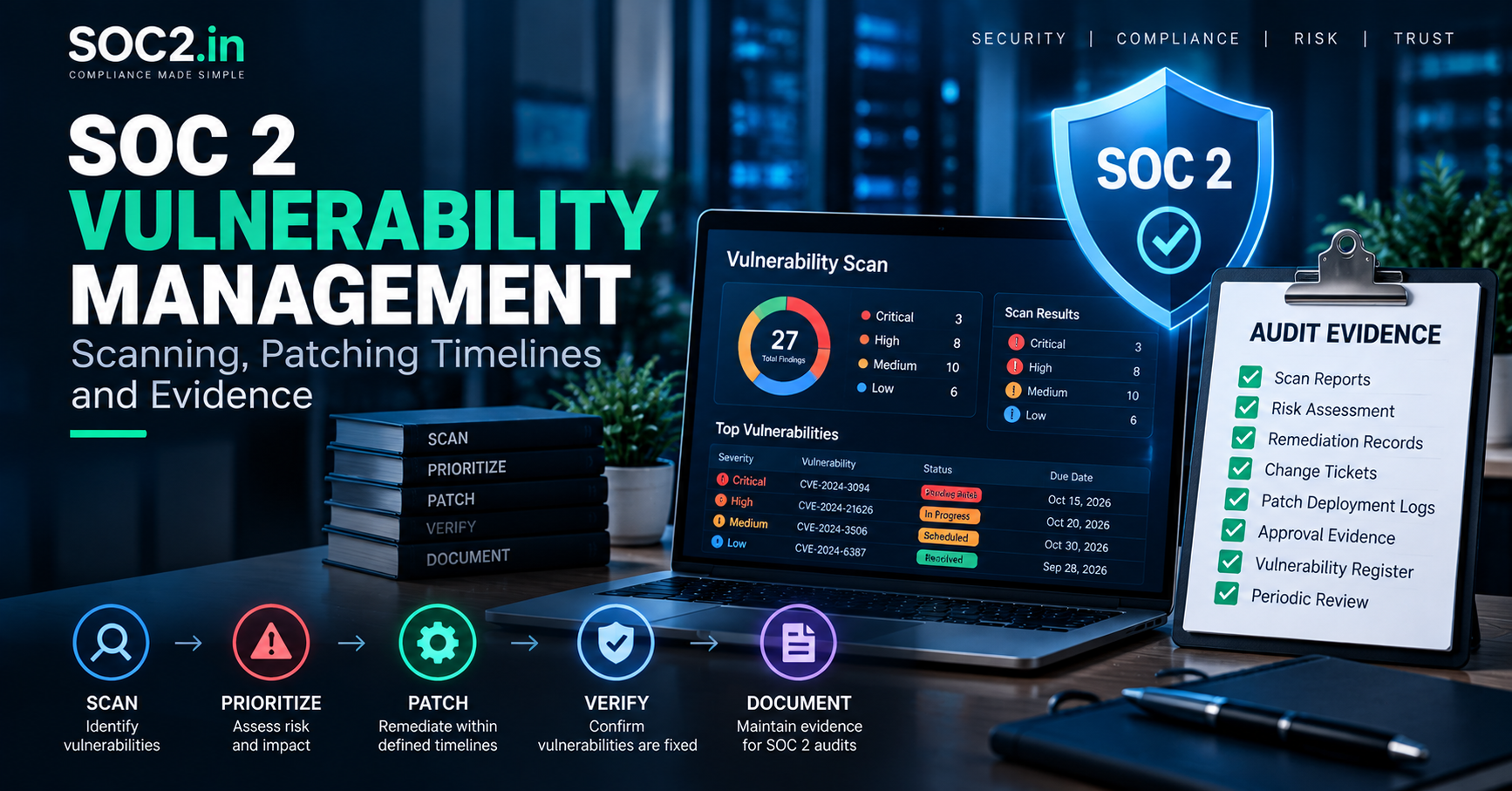 SOC 2 Vulnerability Management banner showing a laptop screen with vulnerability data, a shield icon, and an audit evidence clipboard.